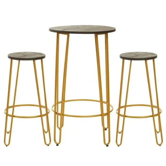 3Pc Gold Bar Table & Stool Set – Hairpin Legs, Elm Top, Modern Design