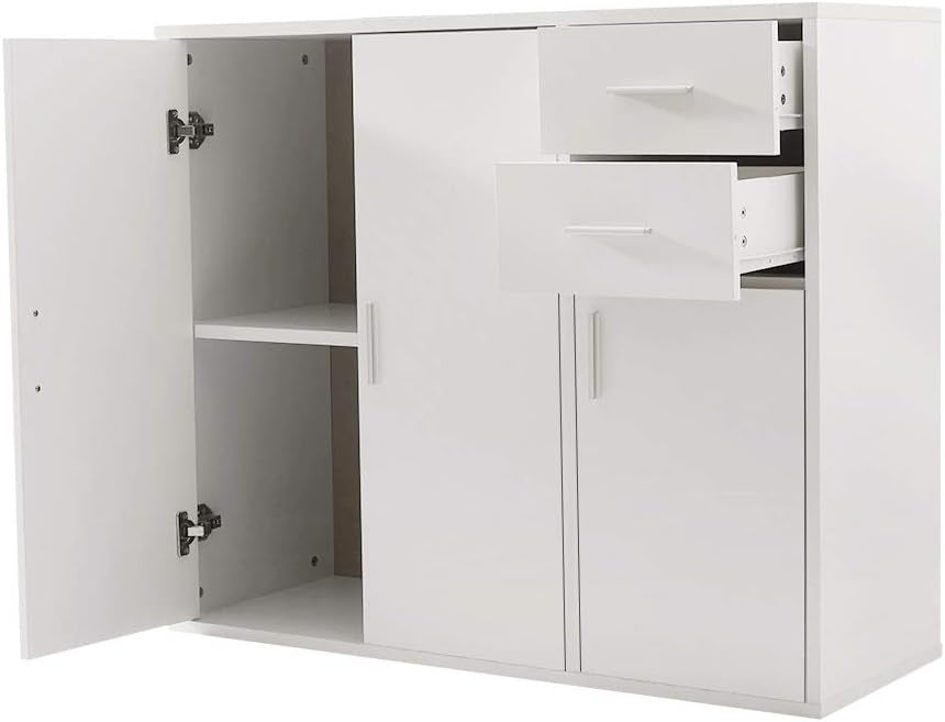 White Sideboard Cabinet with Drawers & Doors Modern Storage Cupboard 100cm