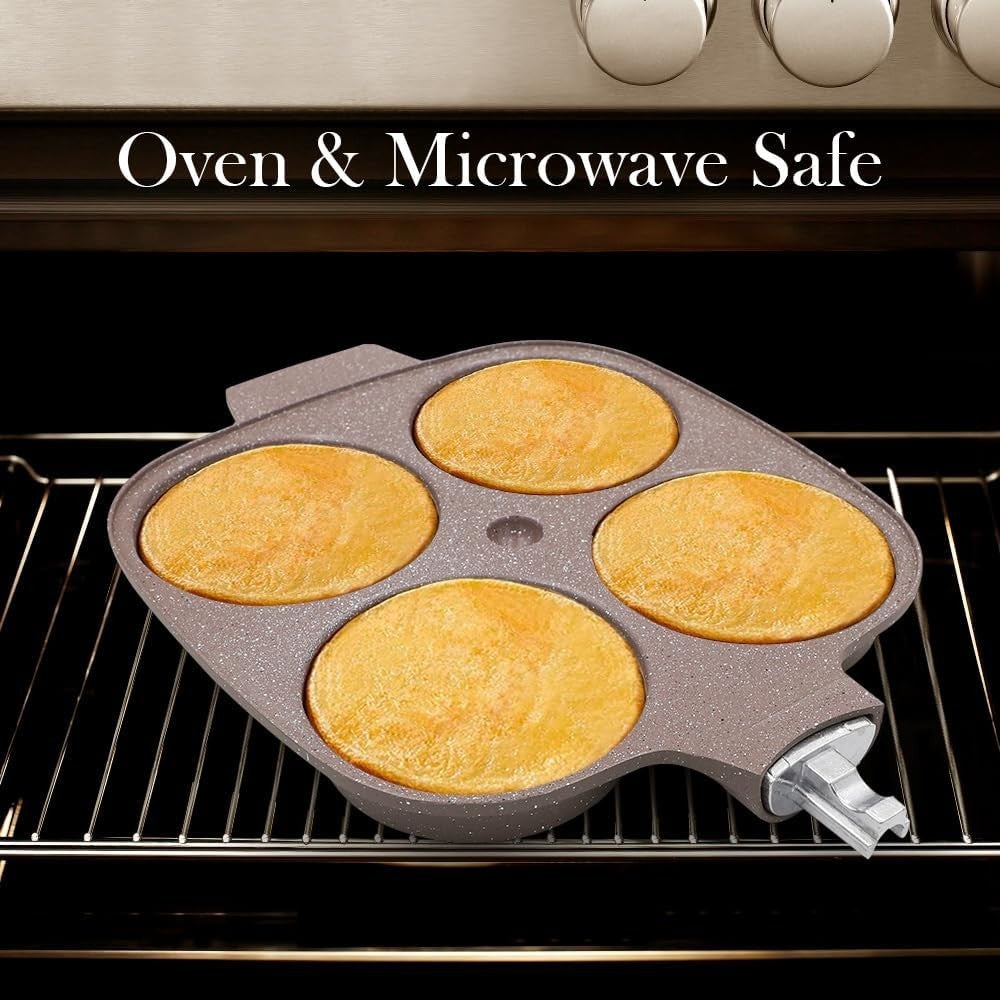 4-Cup Egg Pan Non-Stick Ceramic Pancake Skillet w/ Lid & Detachable Handle Brown