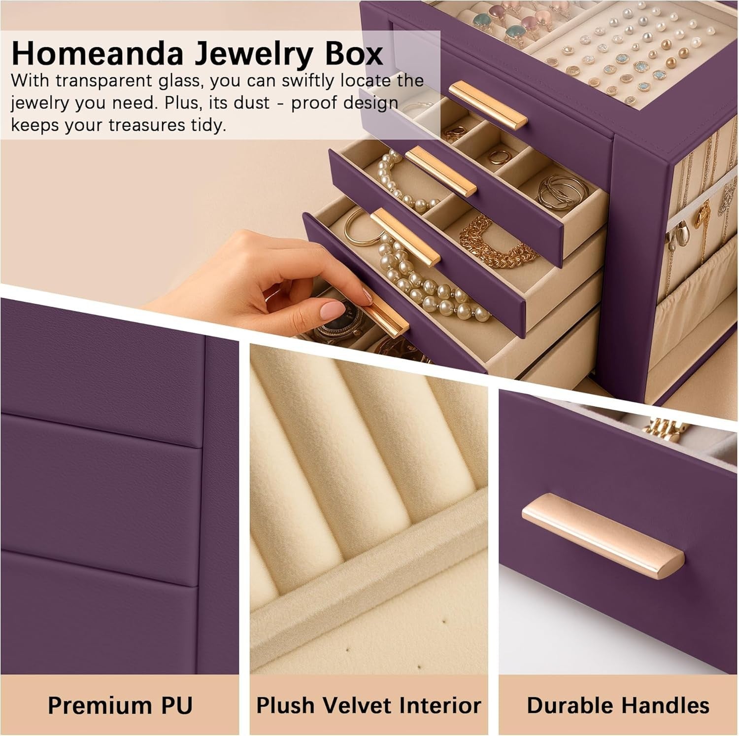 Purple PU Leather Jewellery Organizer Box Drawer Storage for Rings Watches