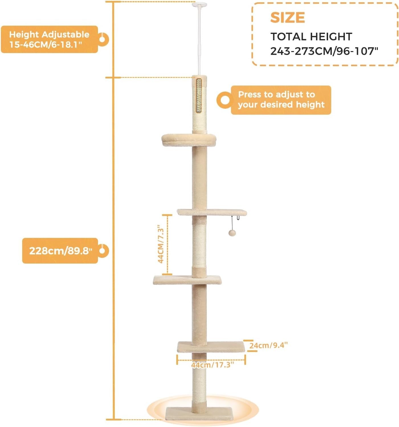 Floor to Ceiling Cat Tree Tower Adjustable 243–273cm 5 Tier Scratching Post