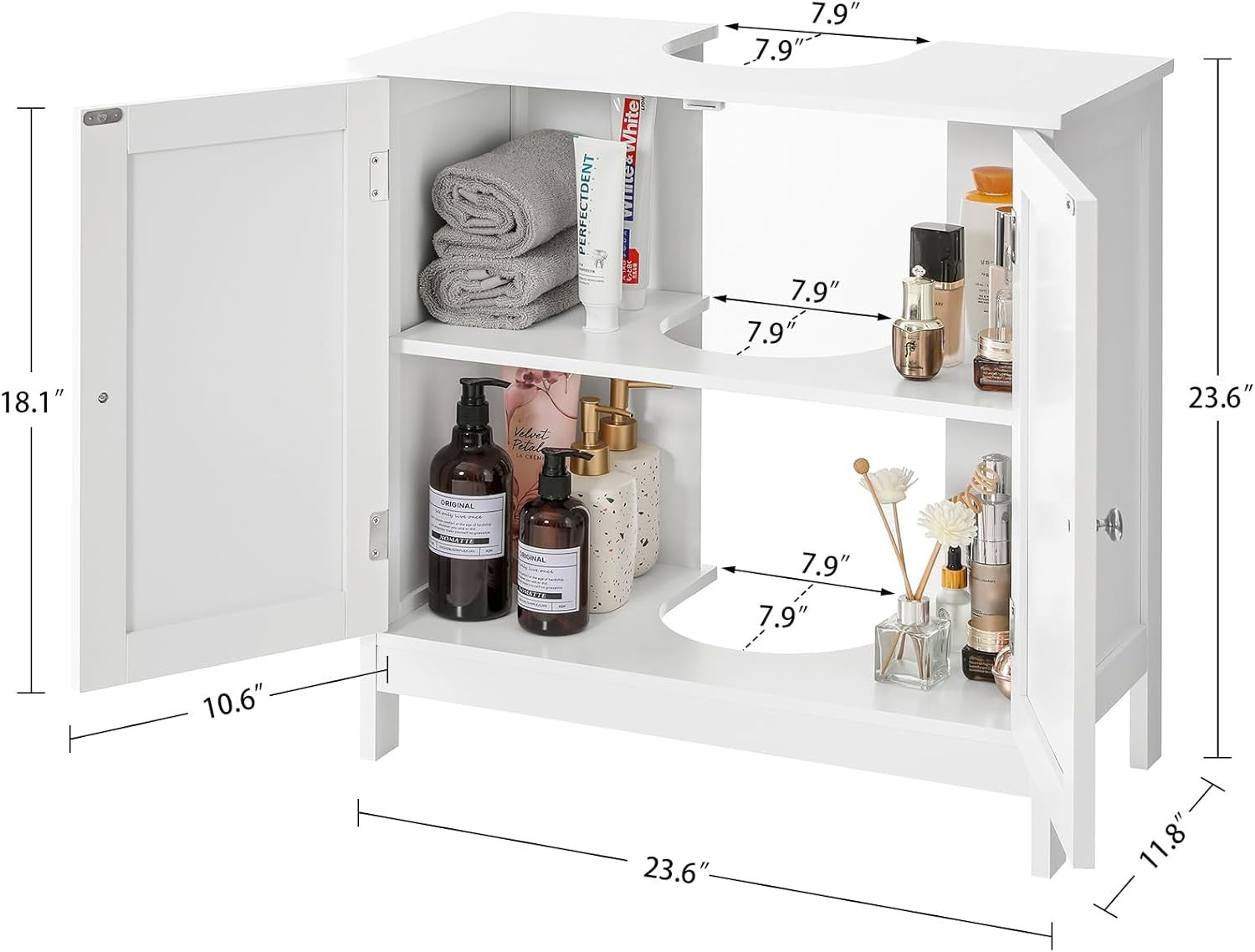 White Under Sink Bathroom Cabinet – 2 Door Vanity Unit with Shelf Storage