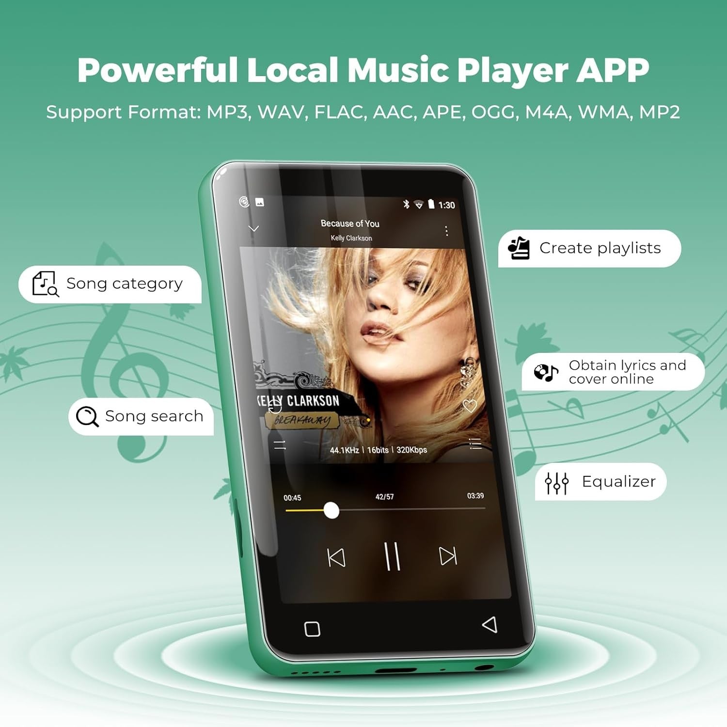 80GB MP3 Player WiFi Bluetooth 4.0" Touch Screen Green
