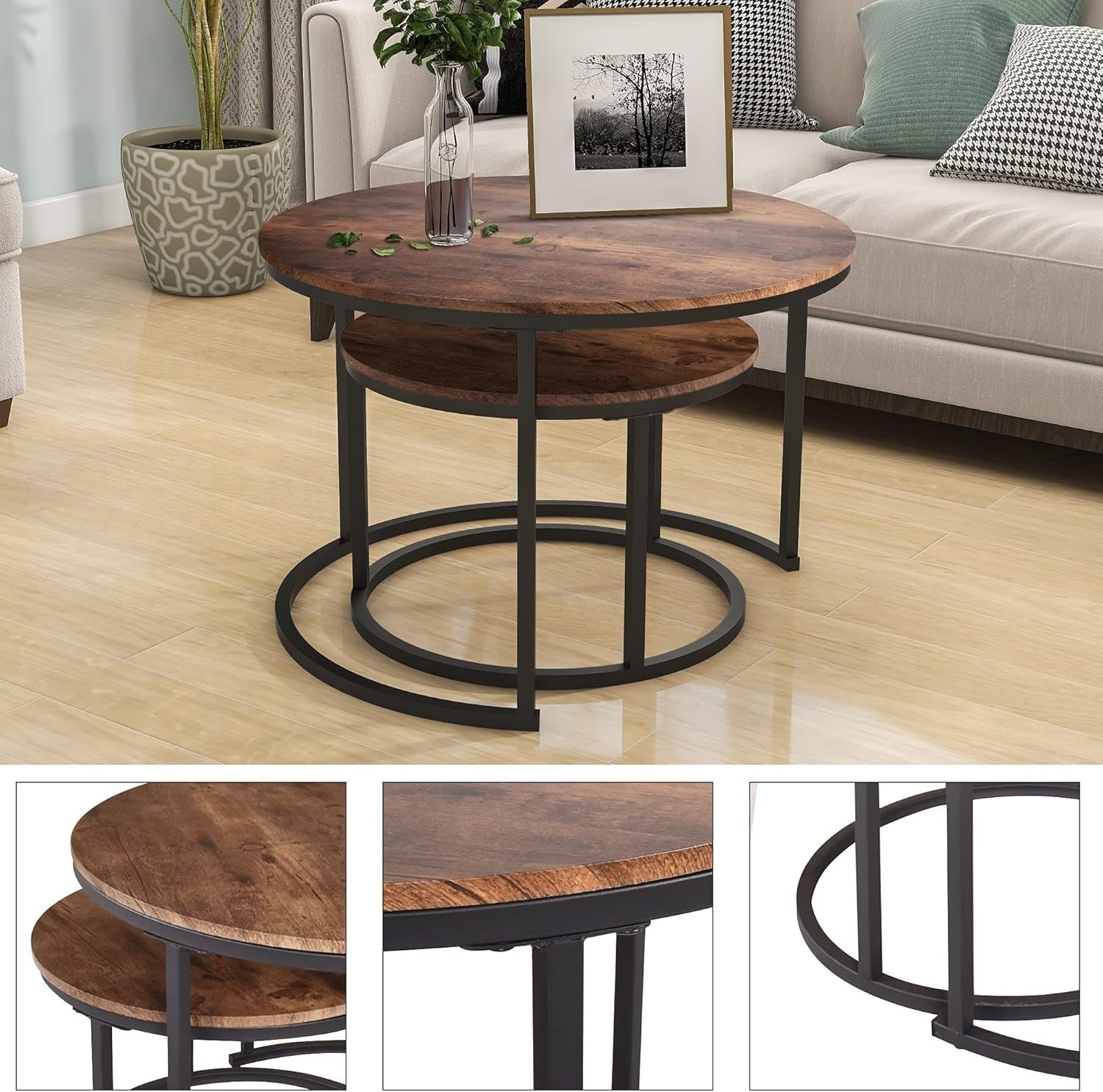 Round Coffee Table Set of 2 – Space-Saving Nesting Tables, Modern Metal Frame
