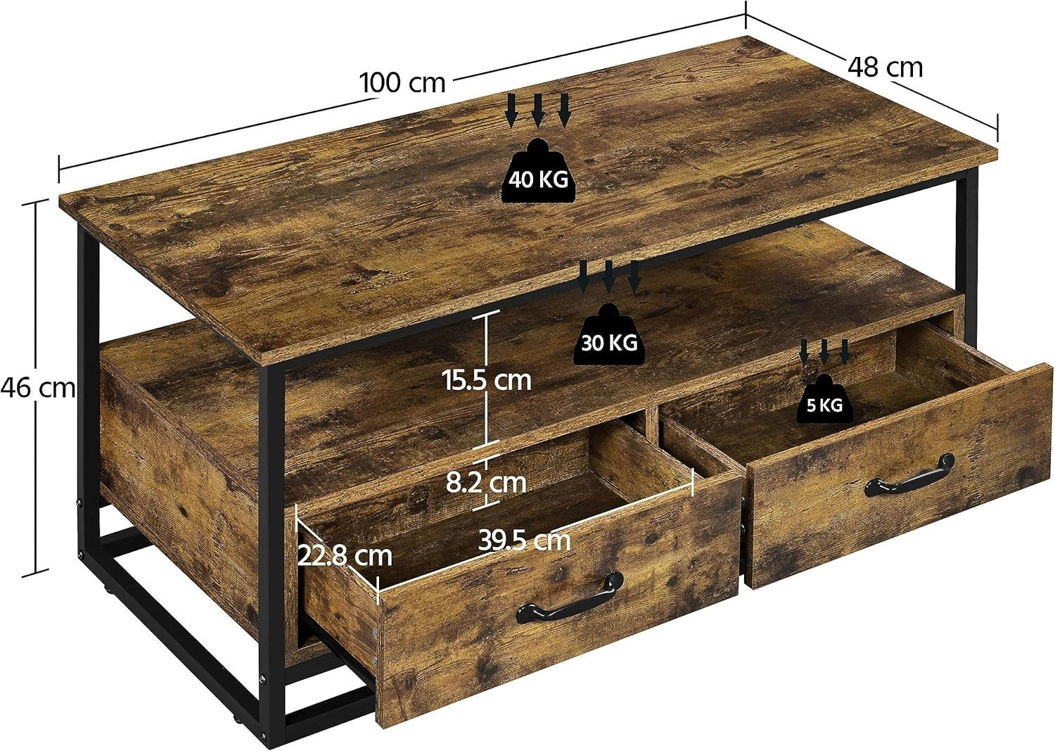 Industrial Coffee Table with Storage Drawers, Rustic Wood, Metal Frame 100cm