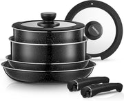 8Pcs Black Non stick Pots and Pans Set with Detachable Handles & Lids