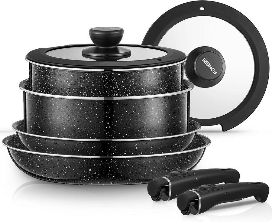 8Pcs Black Non stick Pots and Pans Set with Detachable Handles & Lids
