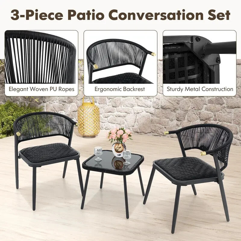 3pc Rattan Garden Bistro Set Black Chairs & Glass Coffee Table Patio Set