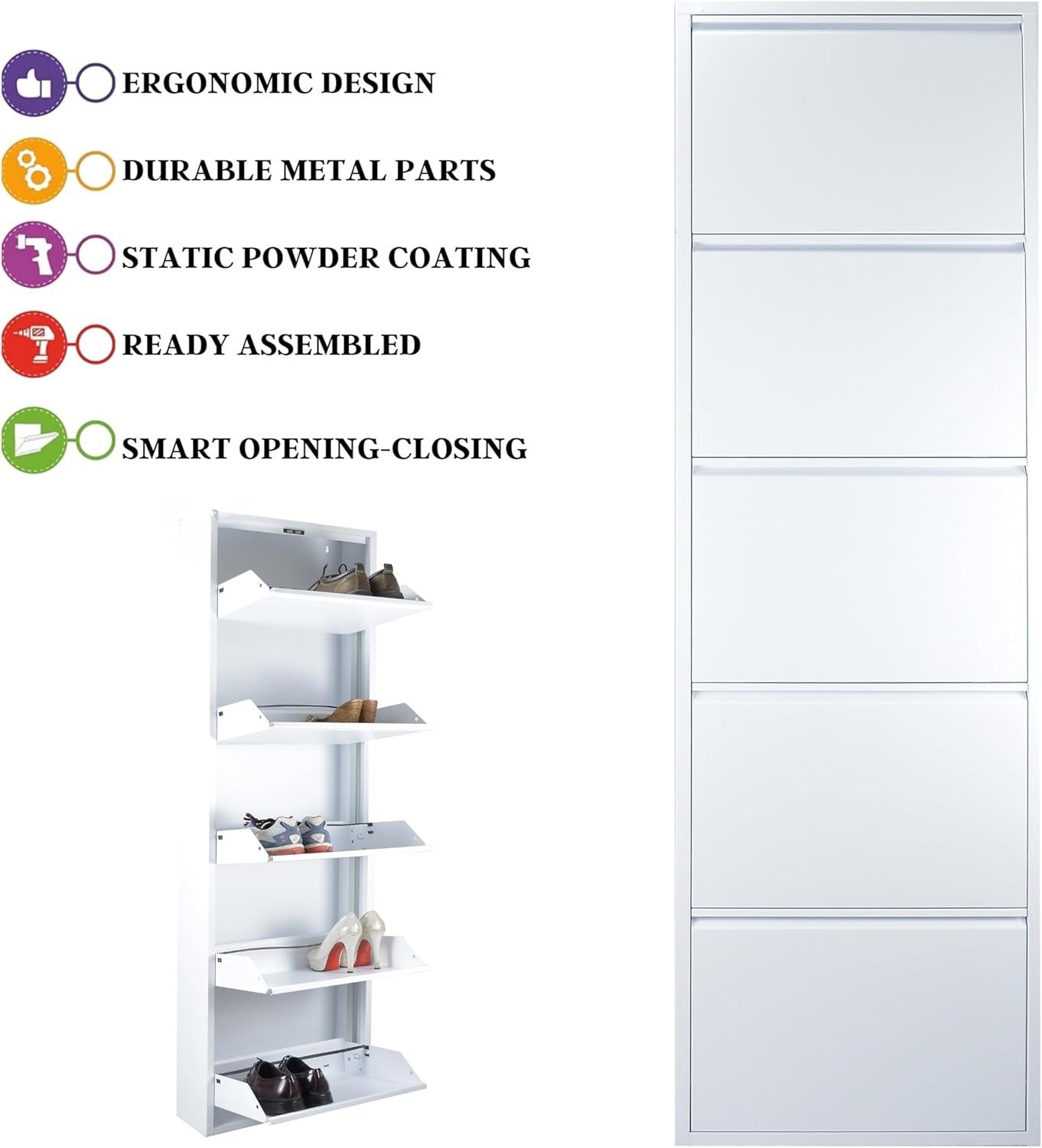Wall Mounted Slim Shoe Cabinet White – 5-Tier Metal Storage Unit 170cm