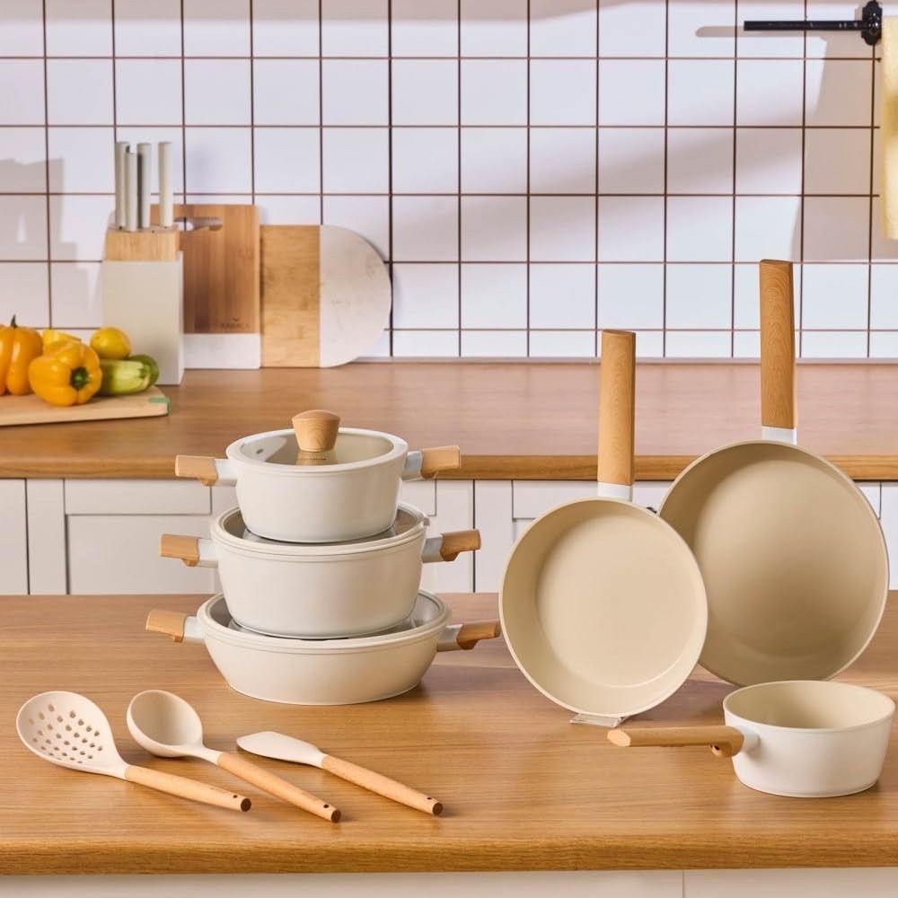 12Pcs Almond Cream Ceramic Non Stick Cookware Set with Lids & Utensils