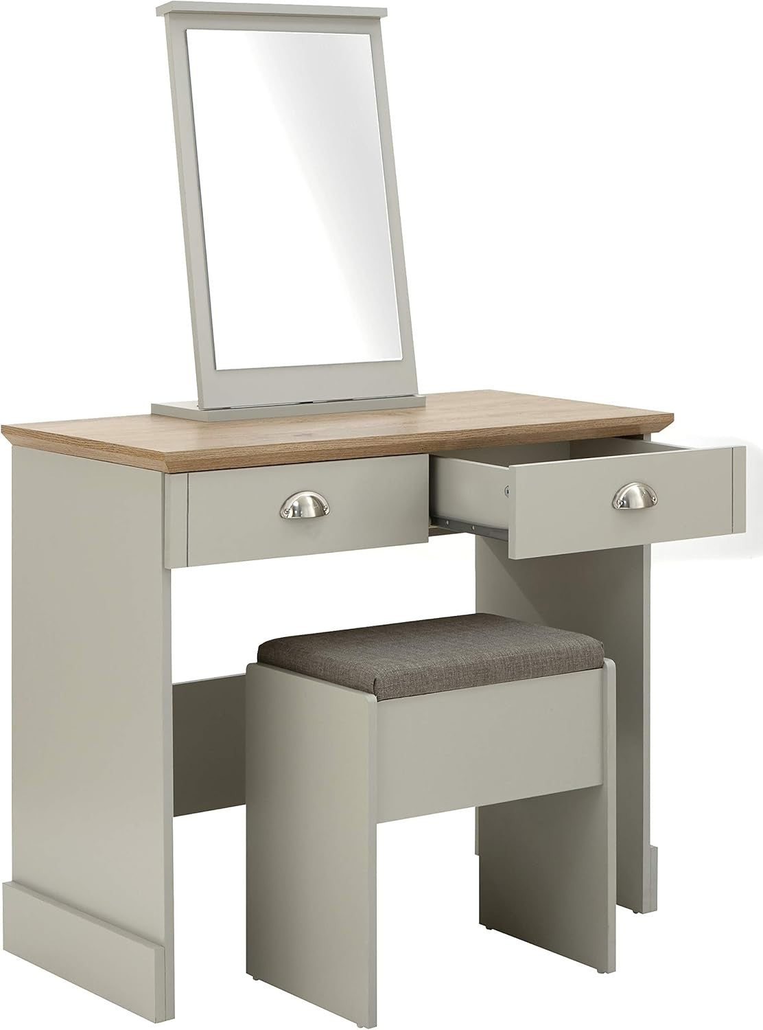 Grey Modern Vanity Dressing Table Set Mirror Stool 2 Drawers Bedroom Furniture