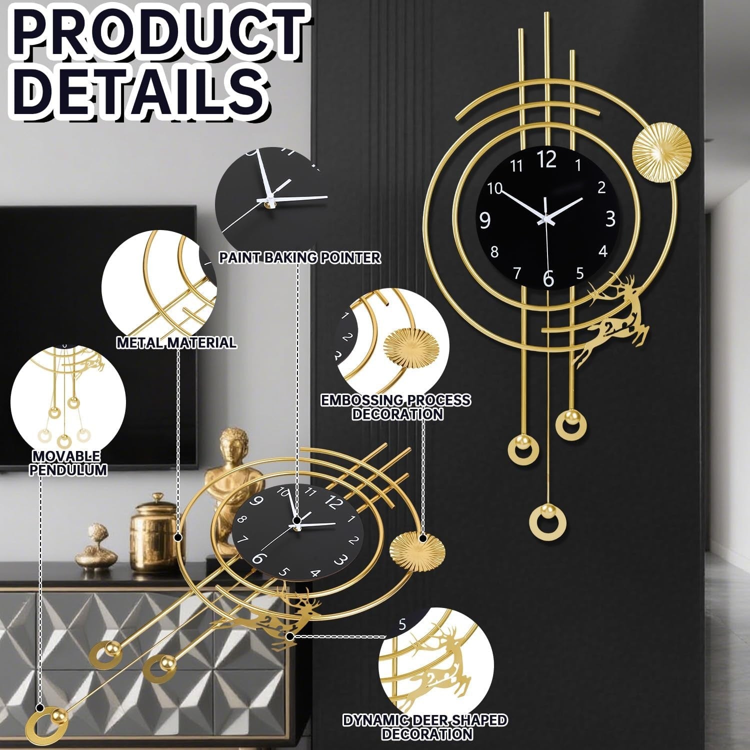 Luxury Gold Oversized Wall Clock Modern Silent Pendulum Design 31" Large Decor