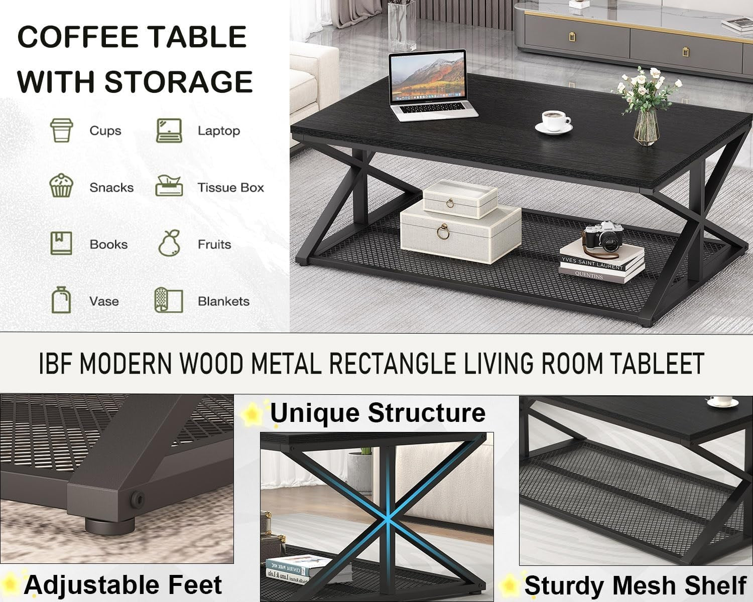 Modern Black Coffee Table with Storage Shelf – Industrial Metal Frame 120cm