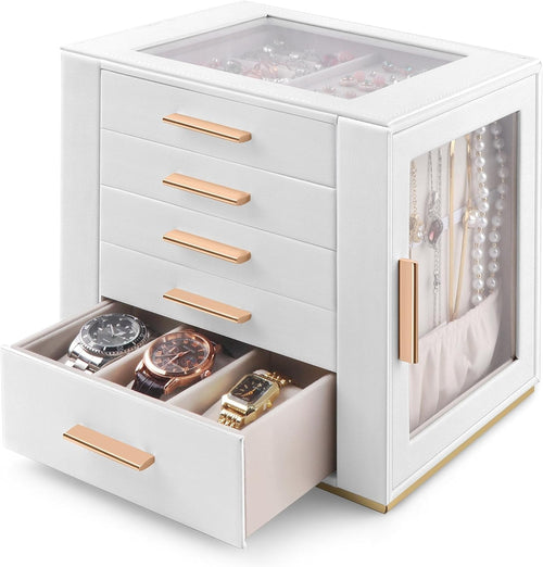 White PU Leather Jewellery Organizer Box 5 Layer Drawer Storage Case