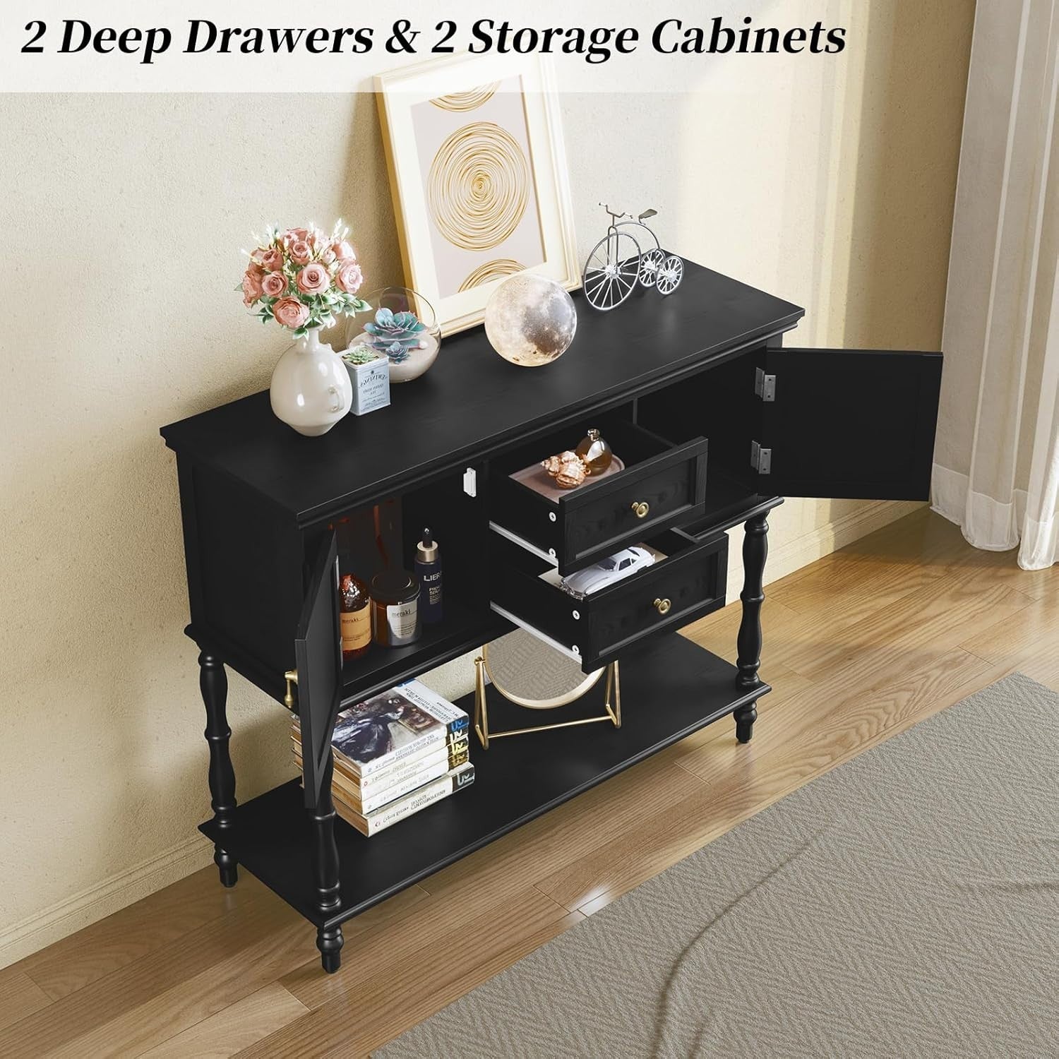 Vintage Black Console Table with Drawers & Storage - Retro Hallway & Living Room