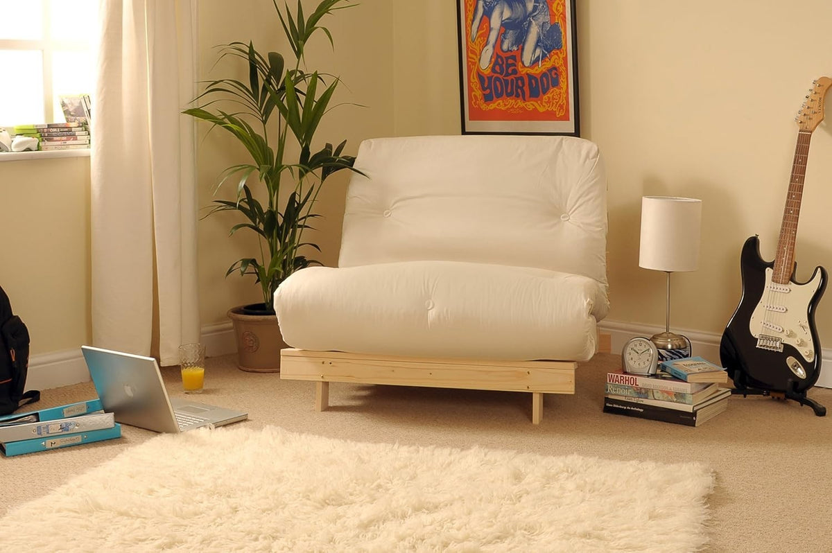 Small Single Wooden Futon Sofa Bed 2ft6 Cream Tufted Luxury Mattress