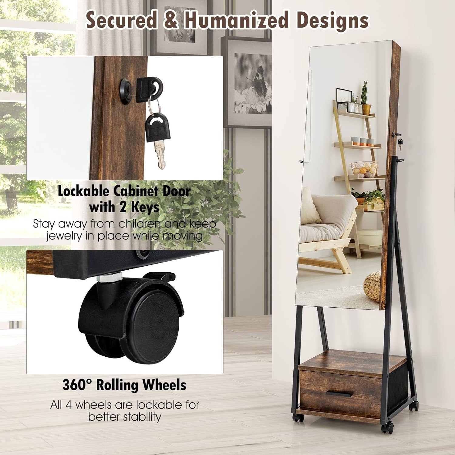 Mobile Jewelry Cabinet with Wheels Lockable Full Length Mirror Organizer
