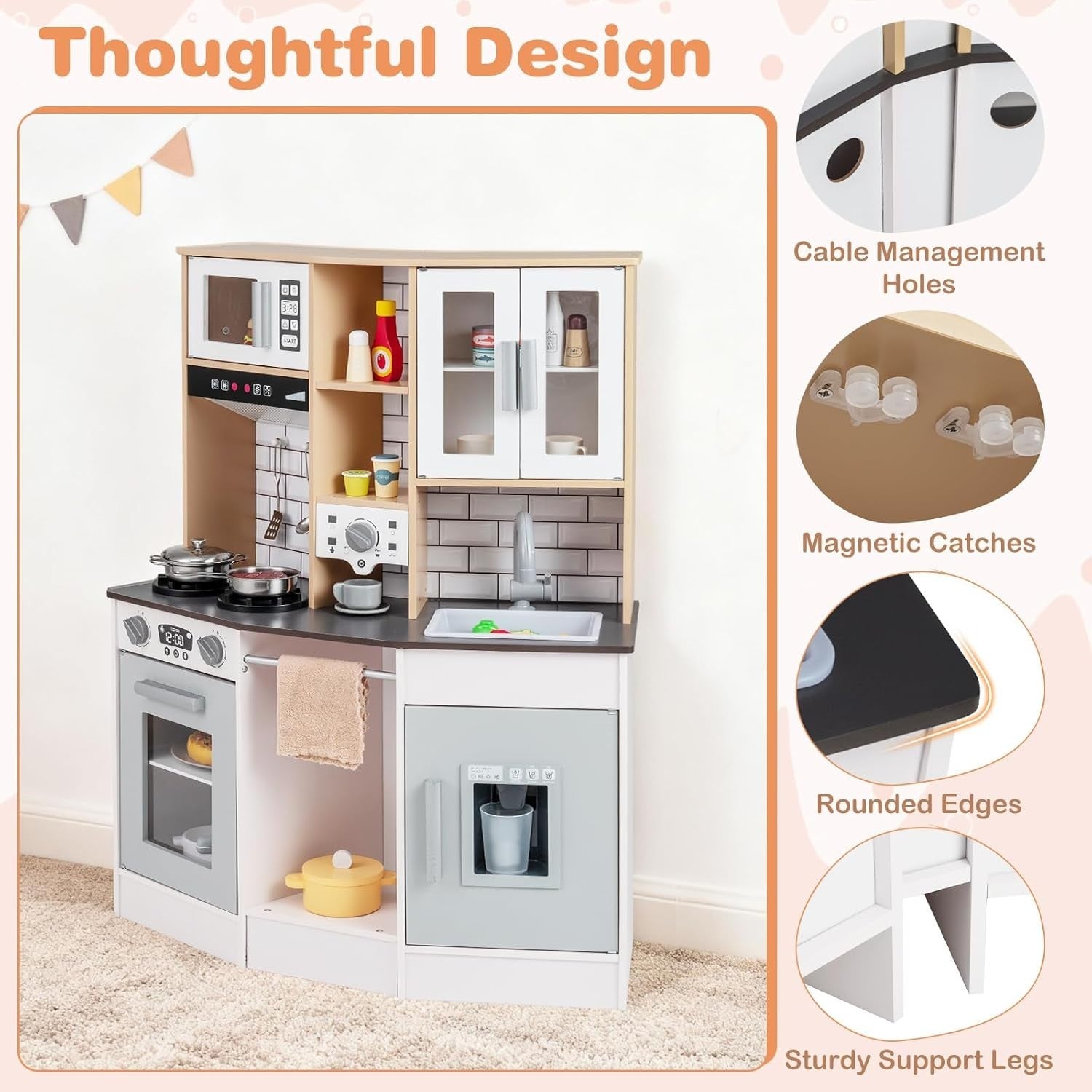 Wooden Kids Play Kitchen Lights Sounds Coffee Maker Grey Toy