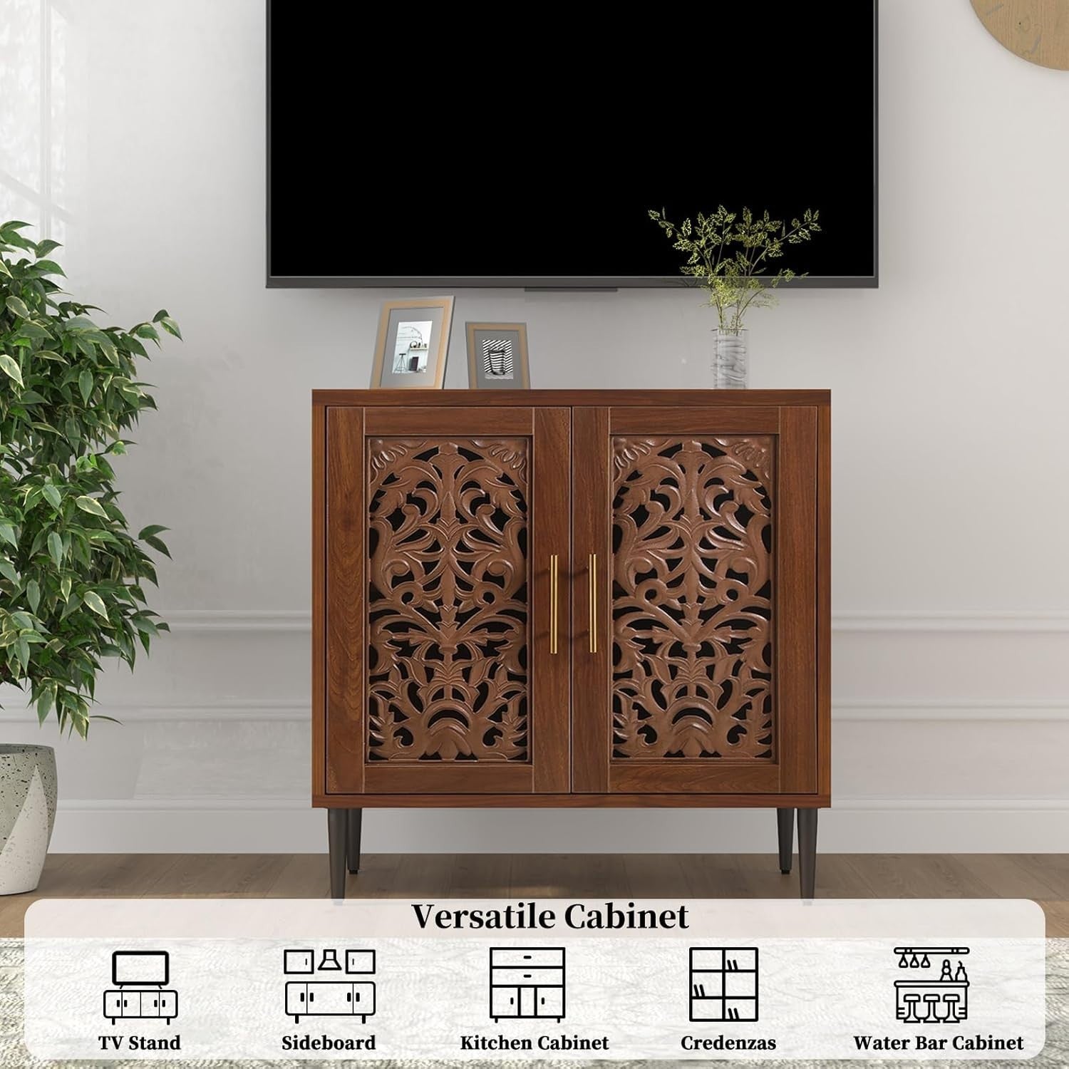 Brown Vintage Sideboard Cabinet 2 Door Carved Storage Unit Hallway Accent