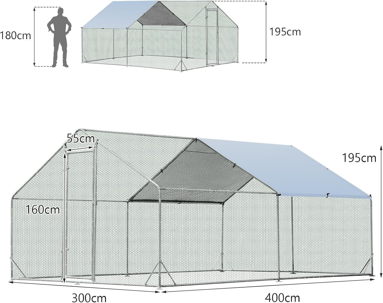 Extra Large Walk In Chicken Coop 3x4m Galvanised Run UV Cover