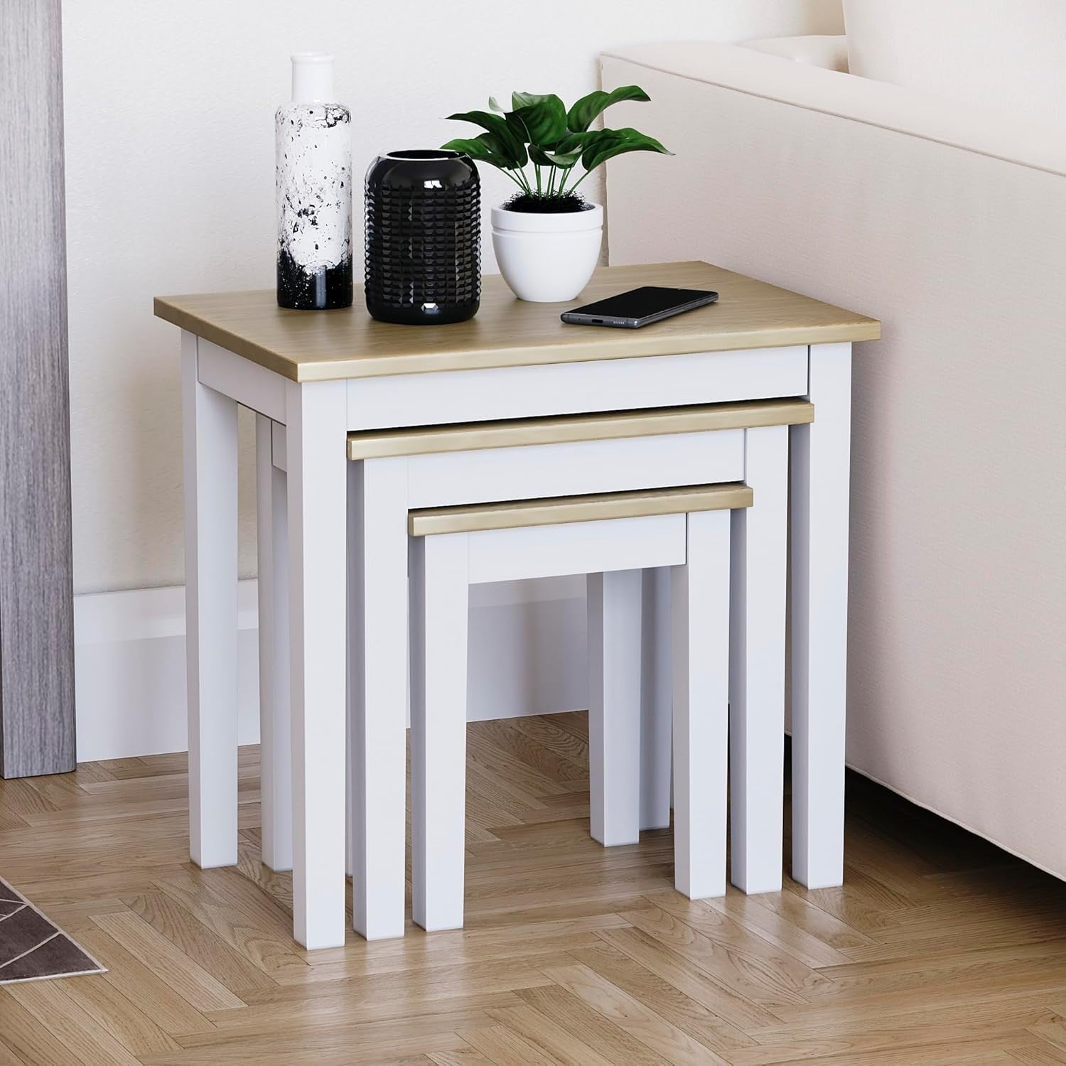 Space Saving Nesting End Tables Set of 3 Oak White Engineered Wood Coffee Sofa