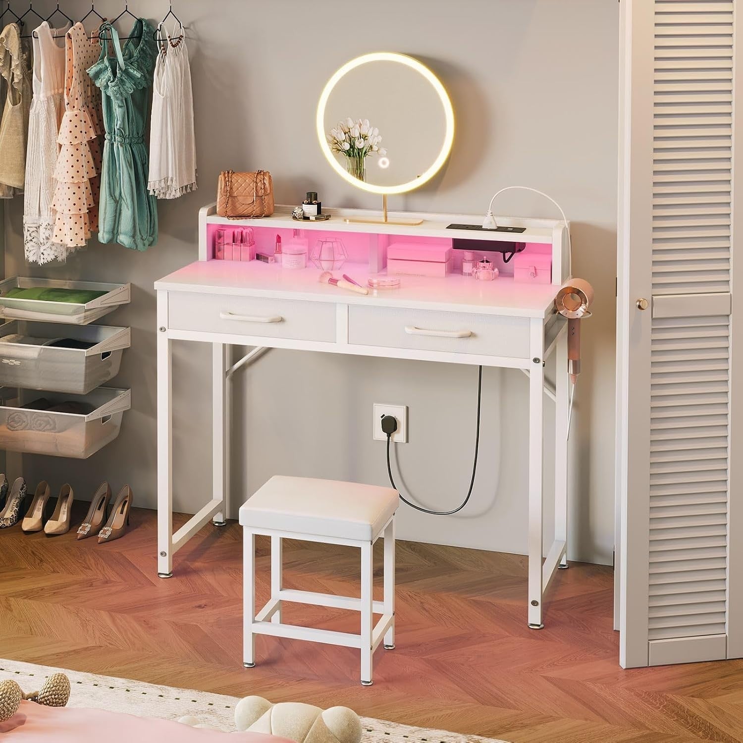 Vanity Dressing Table Desk w/ LED Lights Power Outlet Storage & Stool White