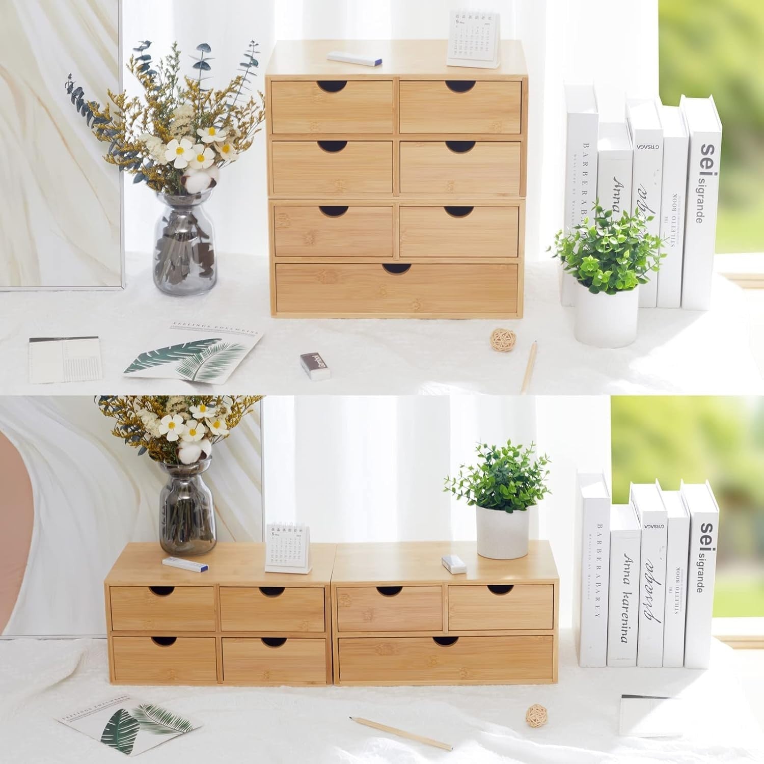Bamboo Desk Organizer with 4 Drawers | Makeup, Office, Bathroom Storage