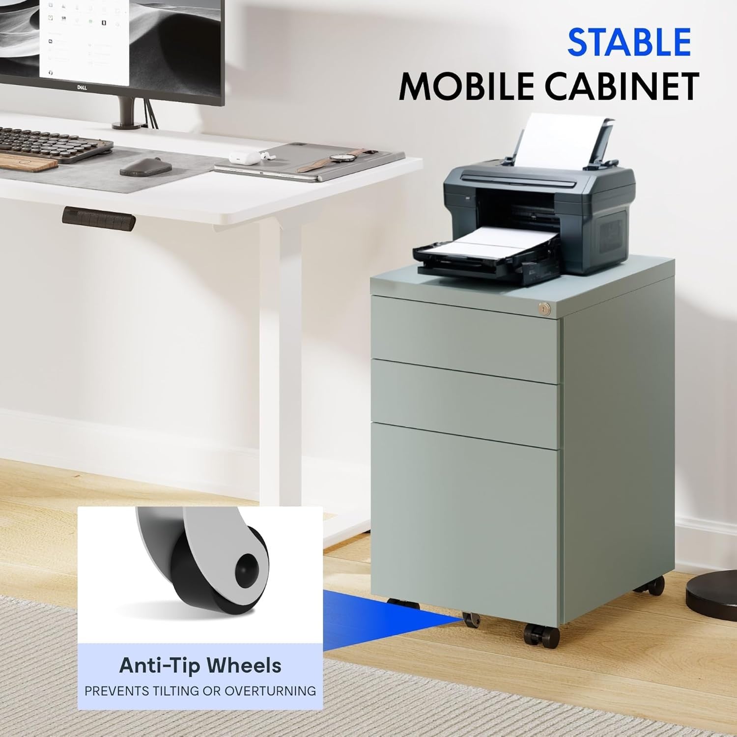 Grey Blue Mobile Filing Cabinet 3 Drawer Lockable Under Desk