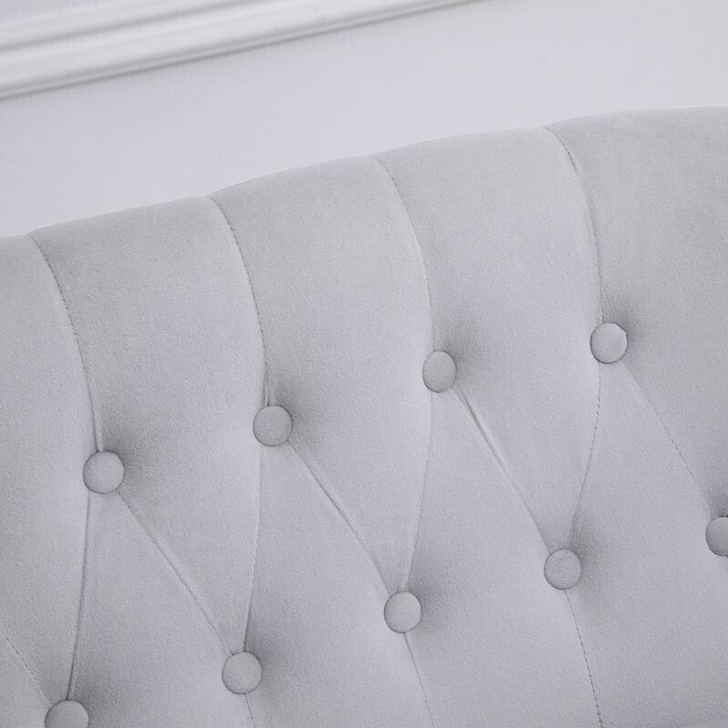 2 Seater Vintage Sofa Bench w/ Tufted Back & Carved Legs – Grey Velvet Look