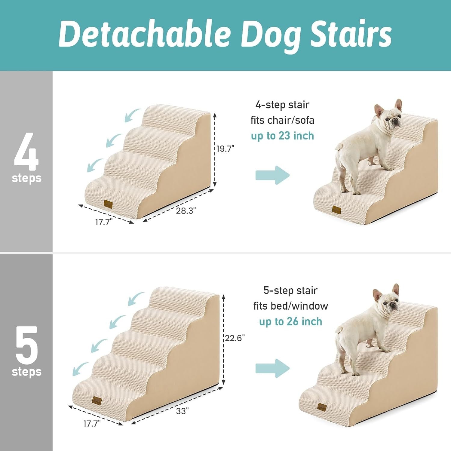 Dog Stairs 4 Step 19.7in Foam Pet Ramp for Bed Sofa Car Beige