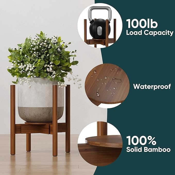 Adjustable Bamboo Plant Stand 2 Pack with Tray for Indoor Pots 20–30cm Walnut