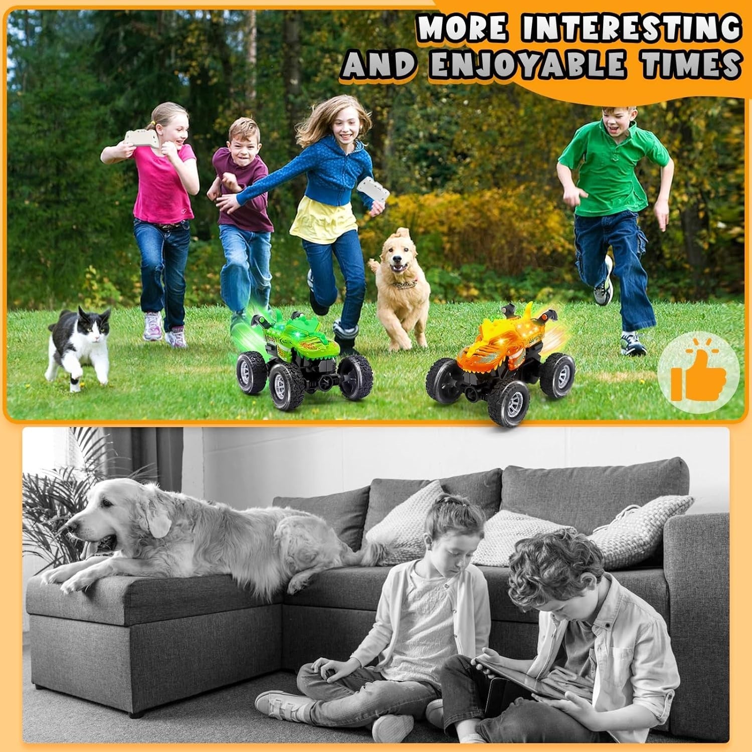 RC Car with LED Eyes – 2.4GHz Rechargeable Stunt Toy for Kids 6–12 (Orange)