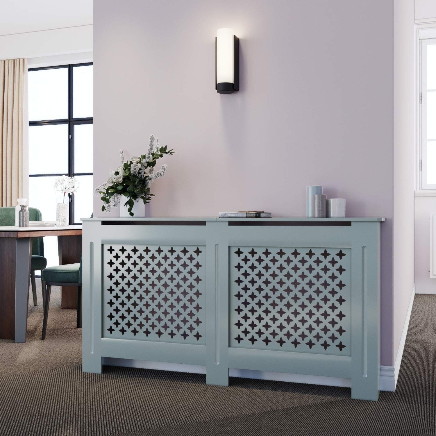 Grey Radiator Cover Cabinet with Shelf Modern MDF Slatted Design, Large