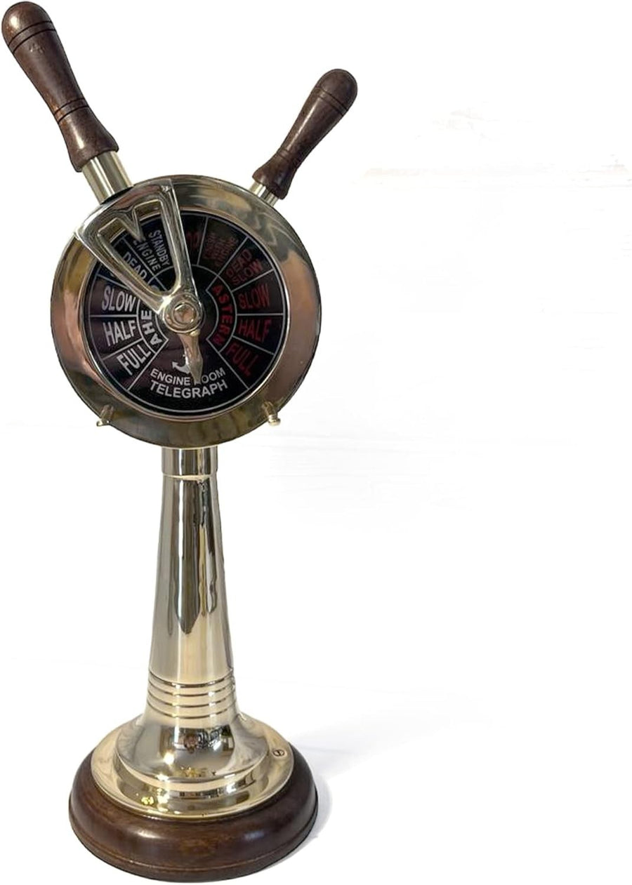 Nautical Brass Ship Telegraph Ornament 35cm | Vintage Maritime Decor | Wood Base