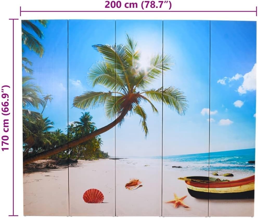 Beach Print Folding Room Divider 200x170cm Double-Sided Privacy Screen