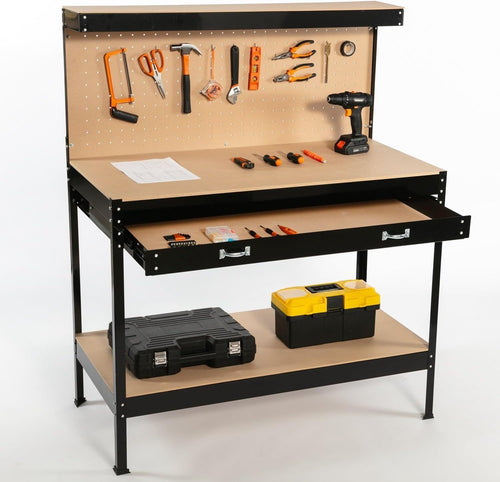 Black Steel Garage Workbench Tool Station w/ Drawer Pegboard Shelf DIY Setup