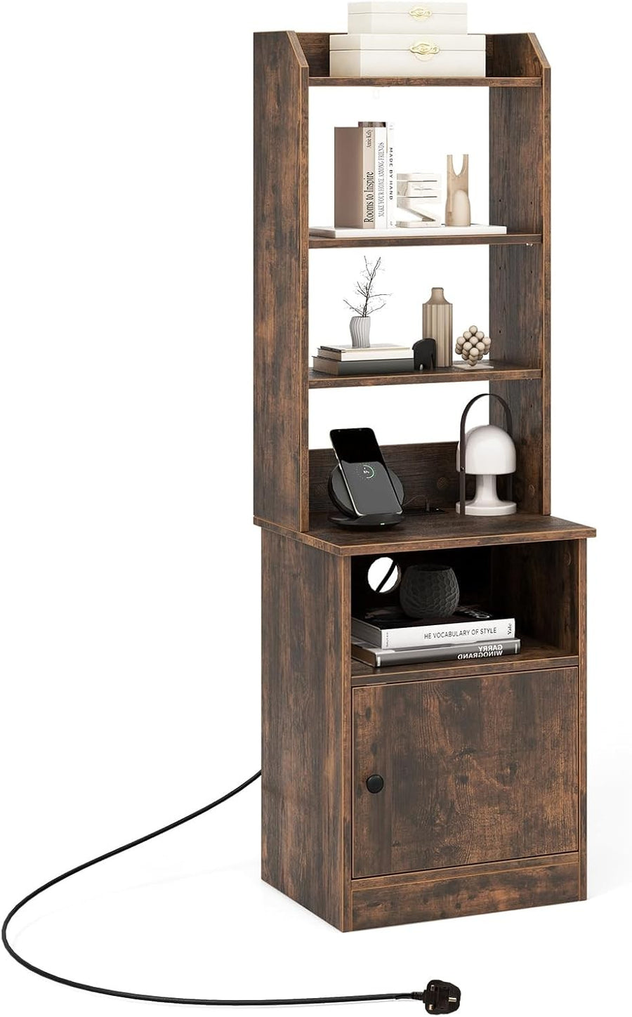 140cm Tall Rustic Brown Bedside Table with Charging Station & Adjustable Bookshe
