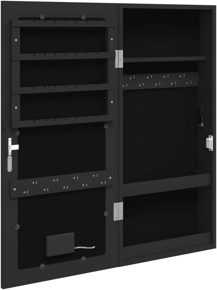 Compact LED Wall Jewelry Cabinet Frameless Mirror Lockable Storage Black