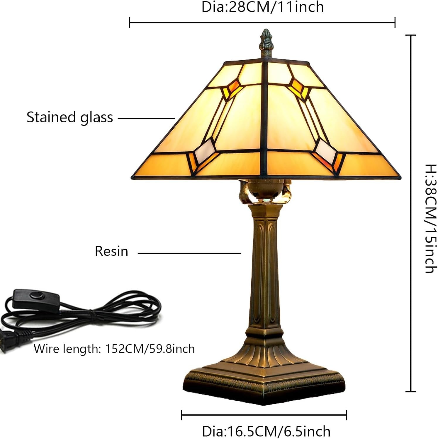 Stained Glass Tiffany Table Lamp Antique Square Bedside Desk Light