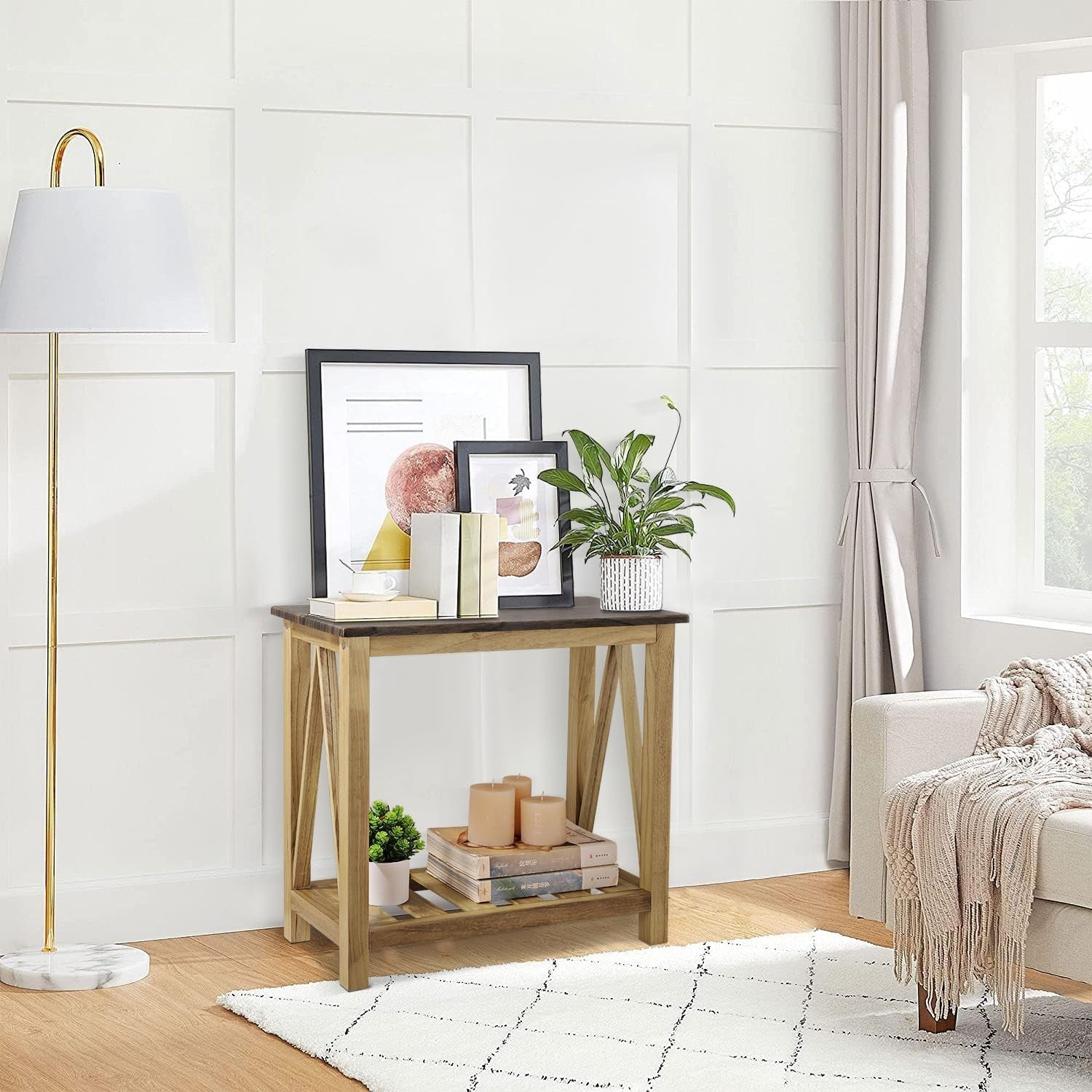 Rustic Narrow Side Table with Storage Shelf, Rectangular Nightstand for Small Sp