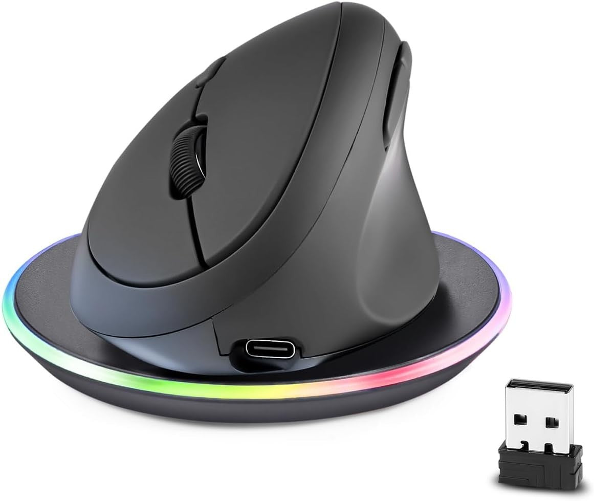 Ergonomic Vertical Mouse Wireless Rechargeable 3200 DPI RGB Dock