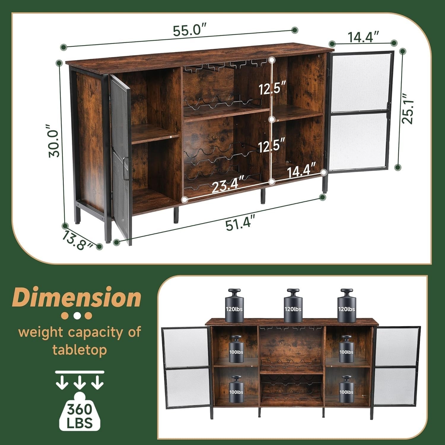 Industrial Wine Bar Cabinet with Glass Holder, Bottle Rack & Storage Sideboard