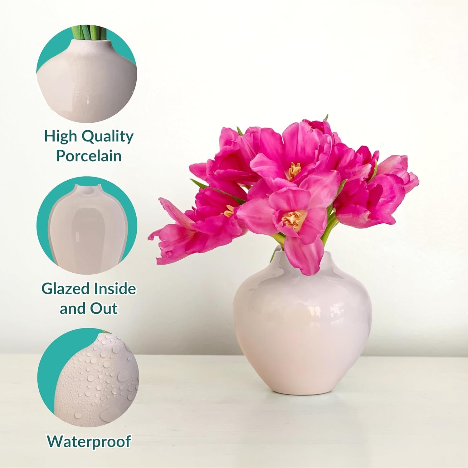 Small Pink Ceramic Vase 13cm Glossy Round Flower Table Centrepiece