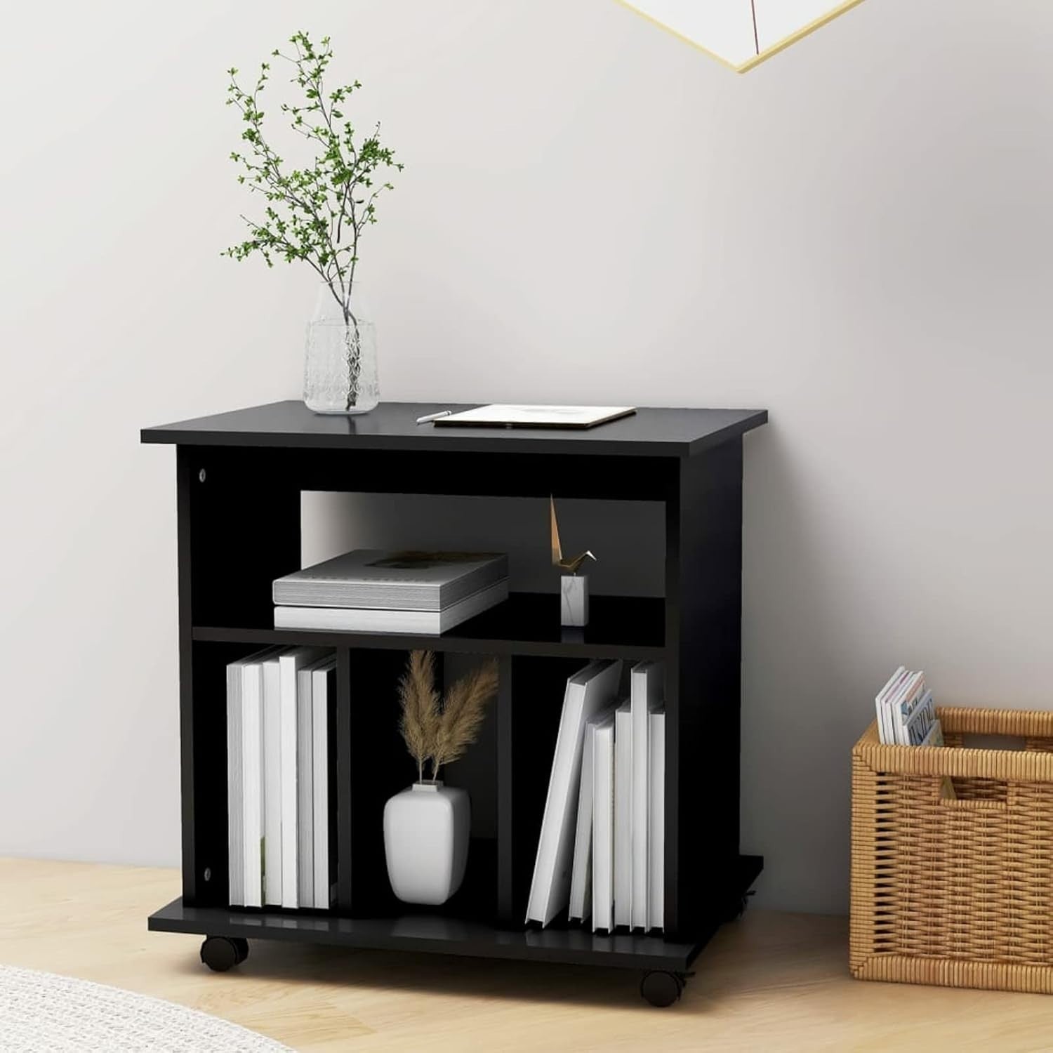 Black Rolling File Cabinet Wooden Under Desk Storage Printer Stand