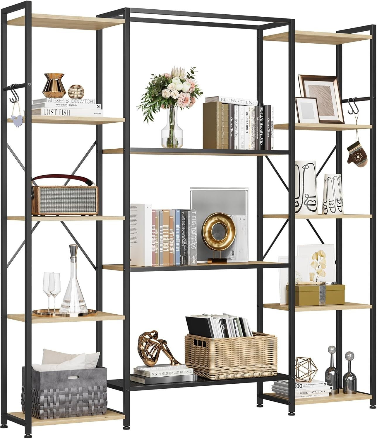 13 Shelf Industrial Bookcase Oak Metal & Wood Storage Display Rack