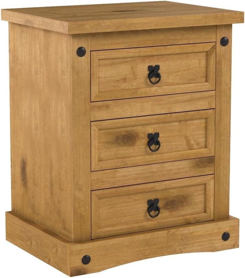 Solid Pine 3 Drawer Bedside Table, Rustic Wooden Nightstand, Wax Finish