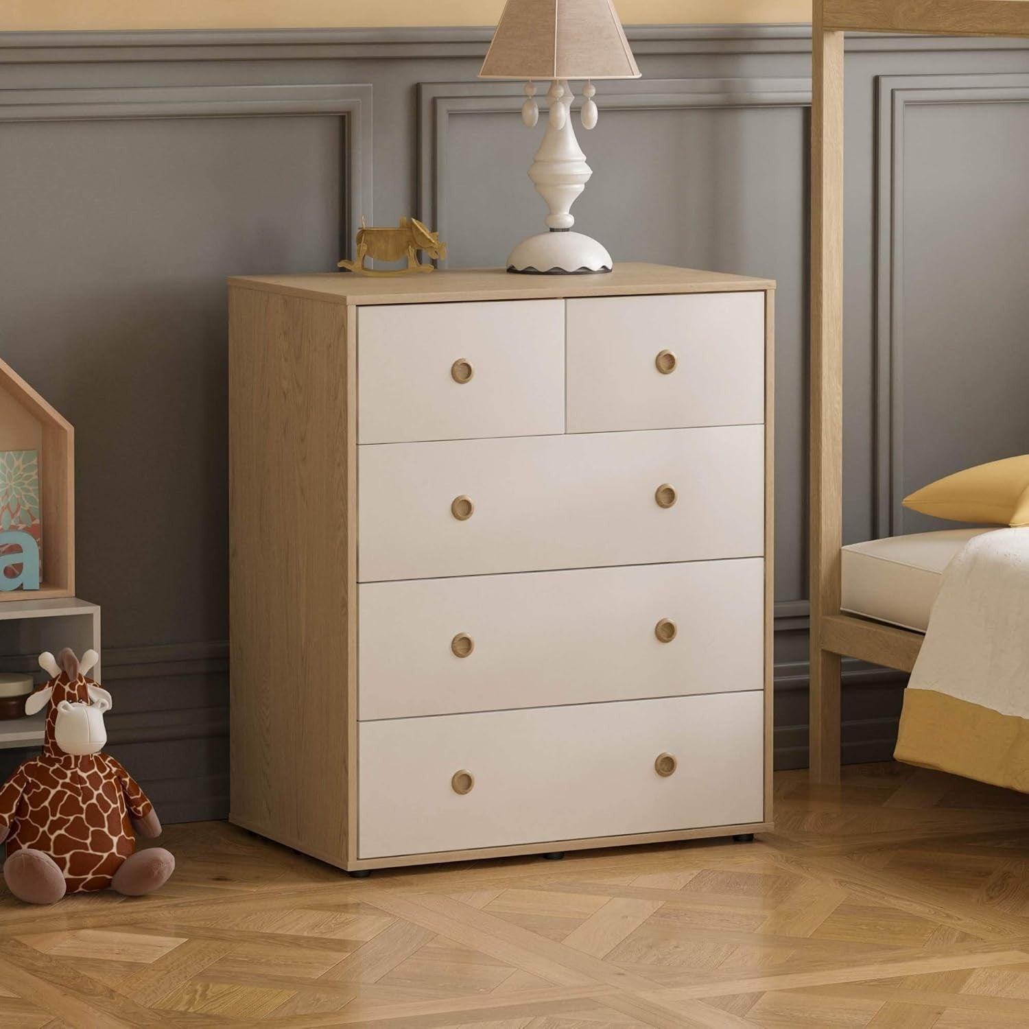 Modern Kids 5-Drawer Chest with Oak Handles – Compact Bedroom Storage