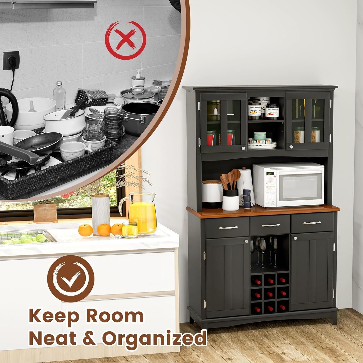 Black Kitchen Sideboard 185cm Storage Cabinet Wine Rack Drawers Glass Doors