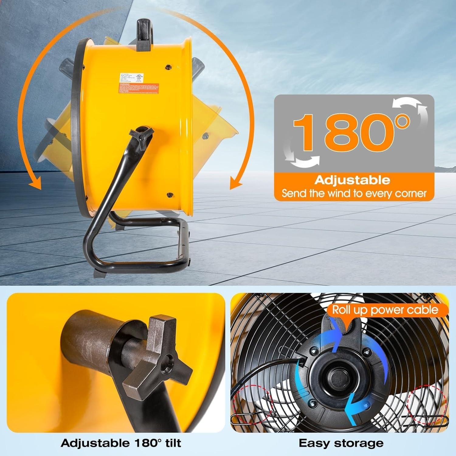 16" Turbo Floor Fan Yellow 3-Speed High Velocity Adjustable Tilt Air Circulator