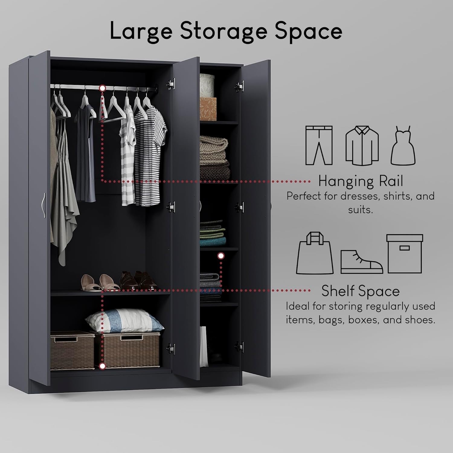 Grey 3 Door Wardrobe with Hanging Rail & Adjustable Shelf, Bedroom Storage